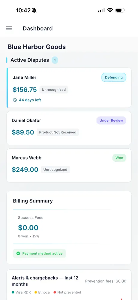Dashboard: active disputes with status and days left, and the billing summary