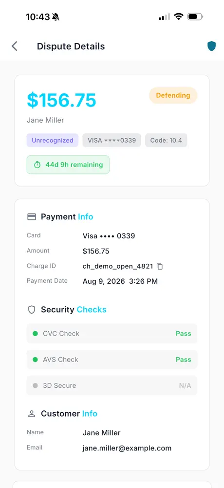 Dispute details: amount, card, reason code, time remaining, and security checks