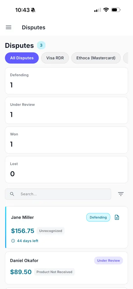 Disputes list with Visa RDR and Ethoca filters and counts by status